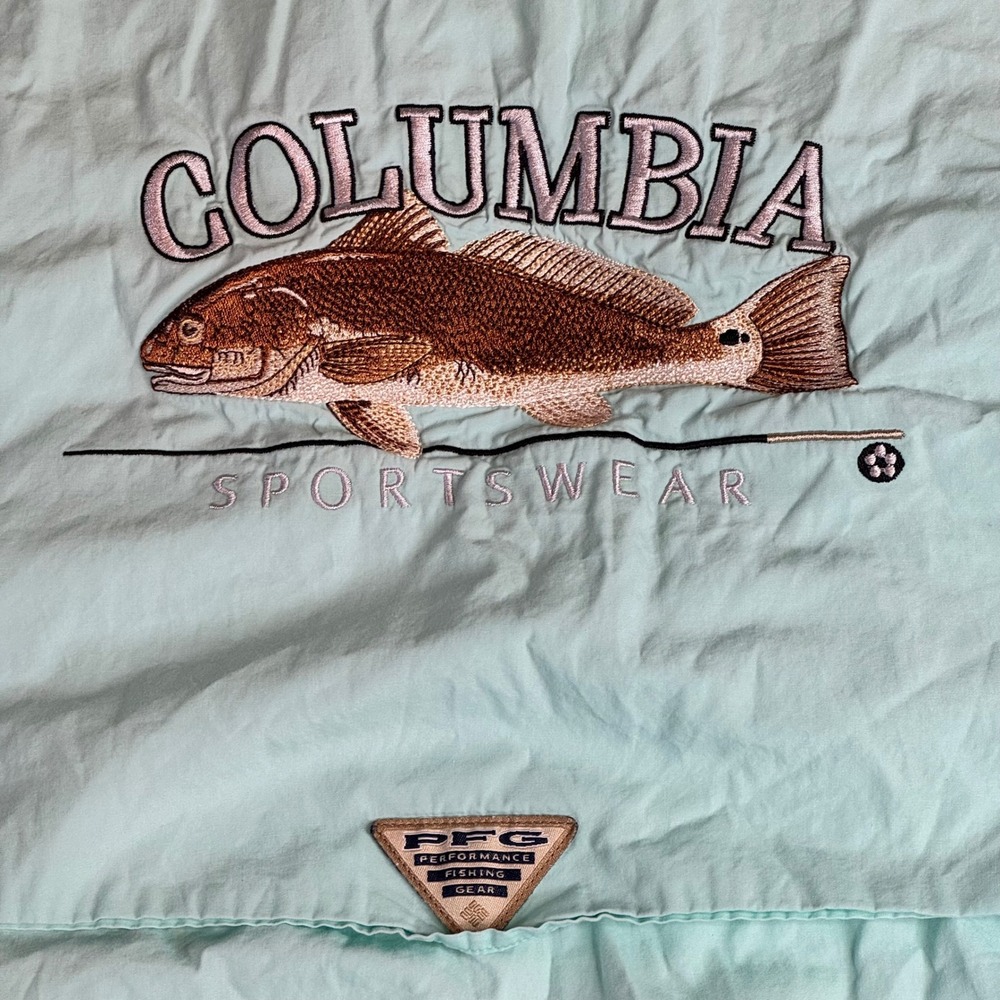 Columbia PFG Mens Large Mint Green Redfish Embroidered Fishing Shirt FM7231